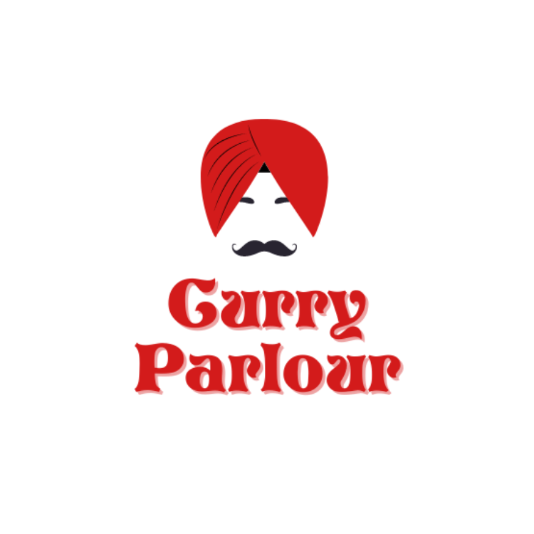 Curry Parlour" logo with bold yellow text and a red turban man with mustache rising from both sides.