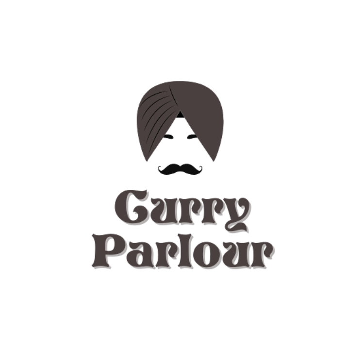 Curry Parlour" logo with bold yellow text and a red turban man with mustache rising from both sides.