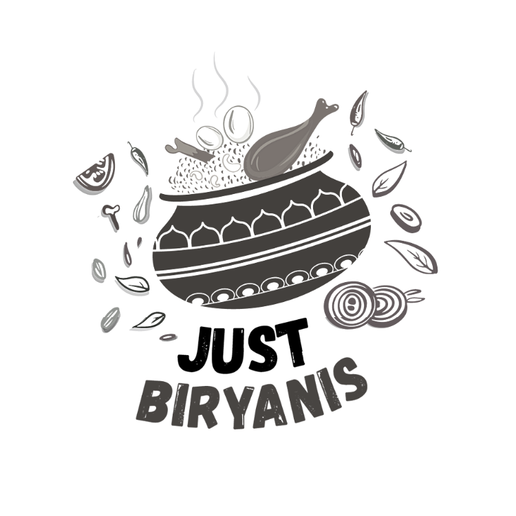 Logo for Just Biryanis features bold black text against a white background. The text is accompanied by an image of a handi with a steaming biryani, garnished with green herbs.