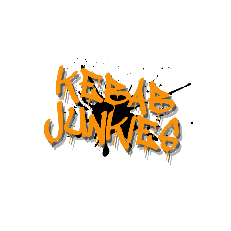 "Kebab Junkies" logo features the bold and stylized text "Kebab Junkies" in black and orange with a silhouette of a kebab skewer next to it, all set against a white background.