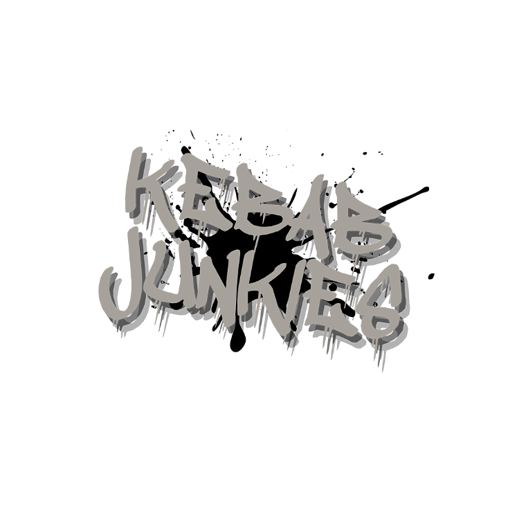 "Kebab Junkies" logo features the bold and stylized text "Kebab Junkies" in black and orange with a silhouette of a kebab skewer next to it, all set against a white background.