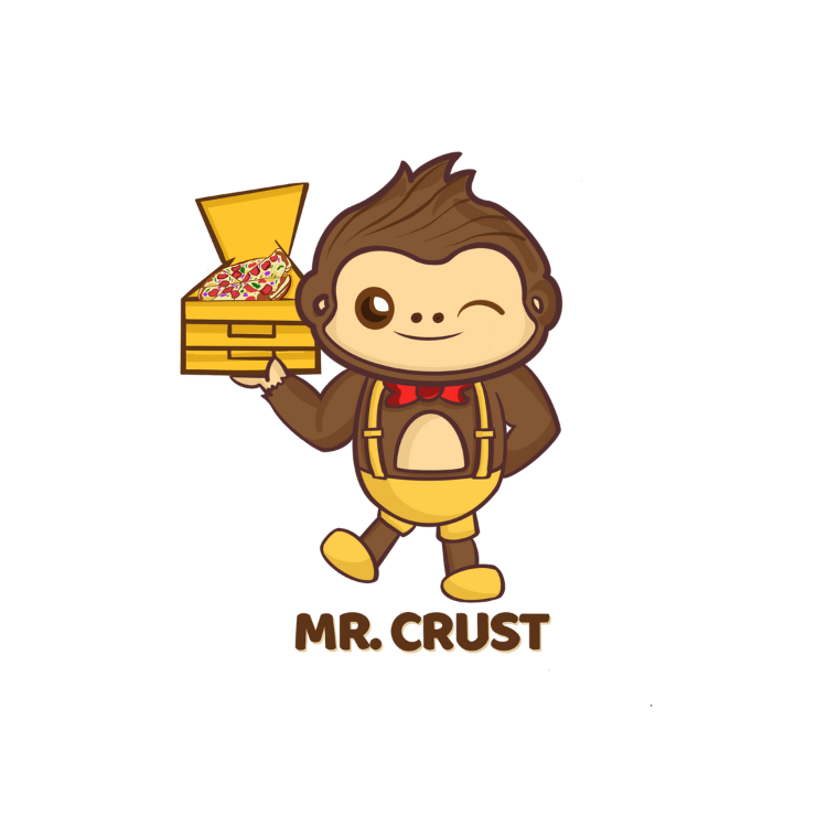 Mr. Crust logo features a cute brown monkey holding a pizza box with a delicious pizza inside. The monkey is wearing a bow tie. The logo is set against a white background with the brand name written in bold brown and yellow letters.