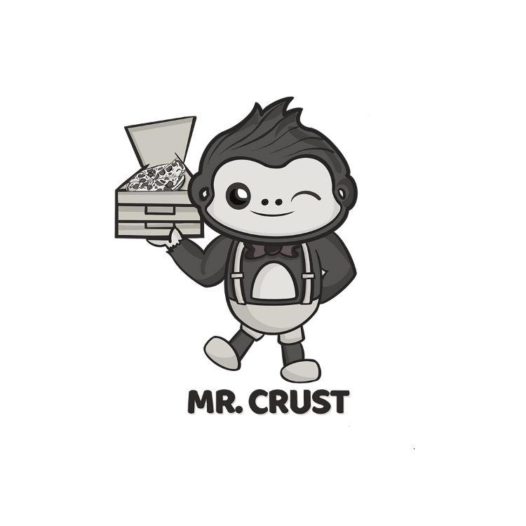 Mr. Crust logo features a cute brown monkey holding a pizza box with a delicious pizza inside. The monkey is wearing a bow tie. The logo is set against a black and white background with the brand name written in bold letters.