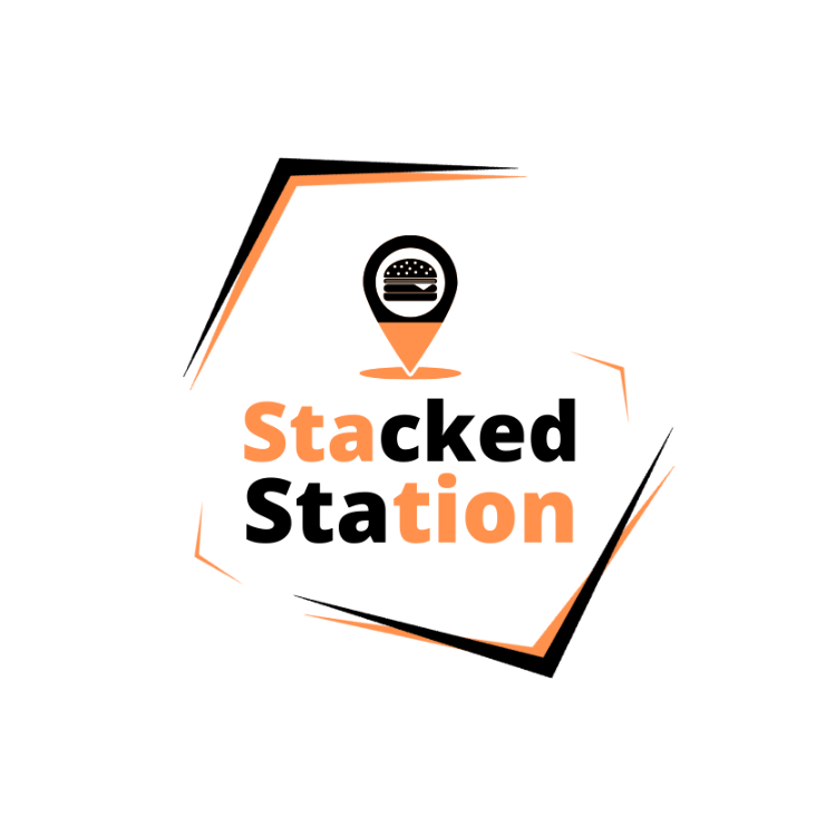 "Stacked Station" logo features a bold, modern font with the letter "S" stacked on top of the letter "T" in shades of black and orange. The text is set against a white background with a shadow effect.